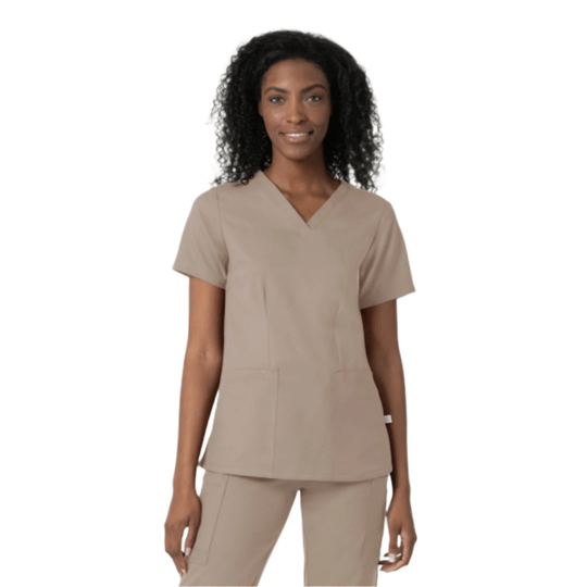 Beige V-neck scrub top with short sleeves and front pockets