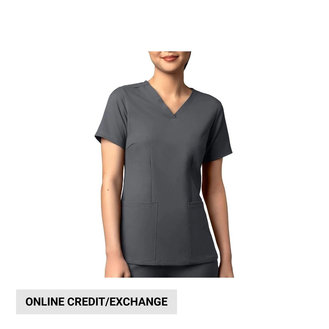 Gray V-neck scrub top with short sleeves and two front patch pockets
