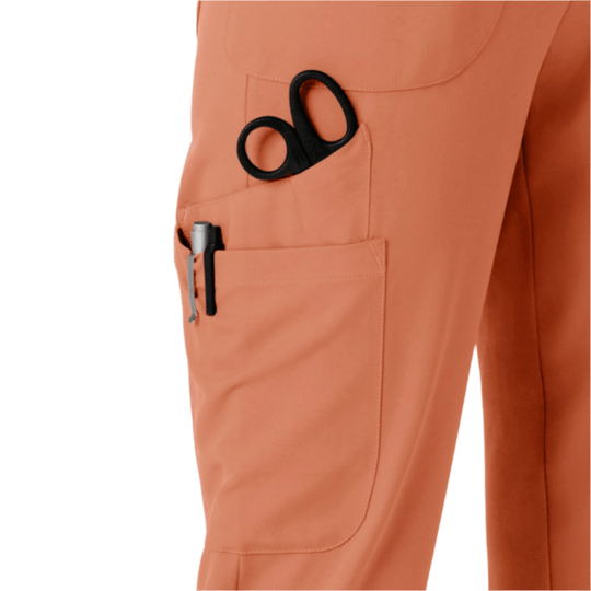 Terracotta jogger scrub pants with cargo pockets and scissors loop