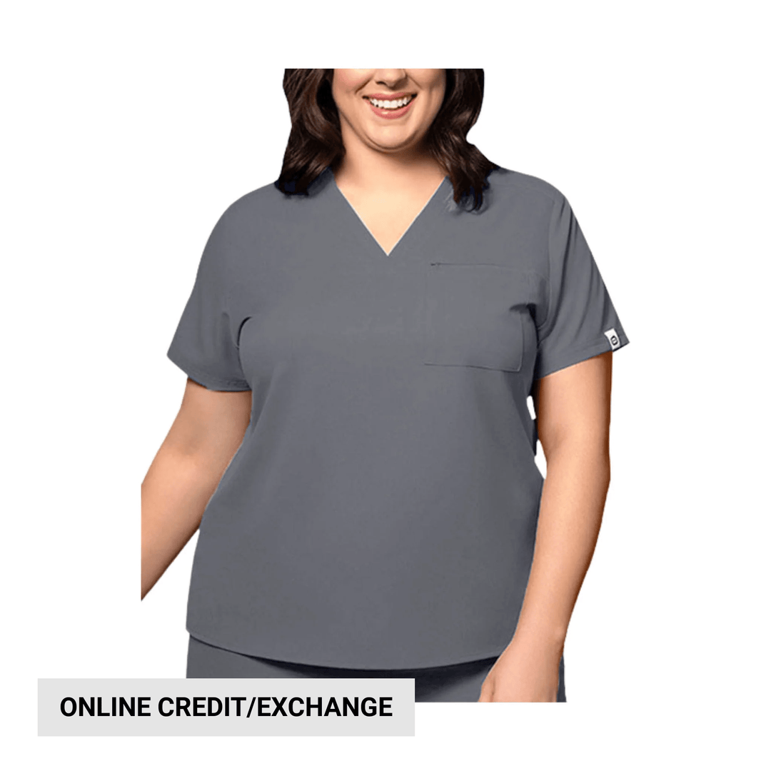 Gray V-neck scrub top with chest pocket and short sleeves, shown with online credit/exchange text