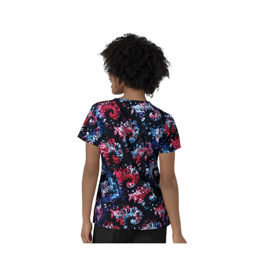 Black V-neck scrub top with red, pink, and blue tie-dye bursts, shown from the back