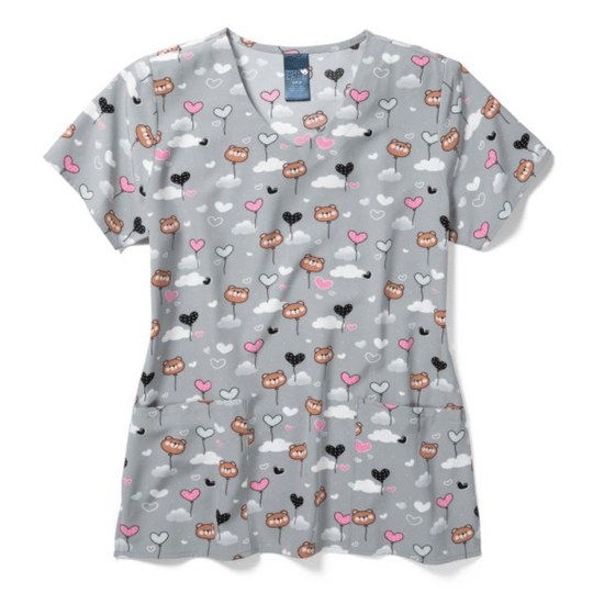 Gray V-neck scrub top with short sleeves and a pink, white, and black heart-and-cloud print