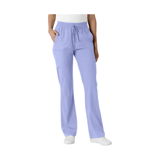 Lavender bootcut scrub pants with an elastic waistband, drawstring, and cargo pocket