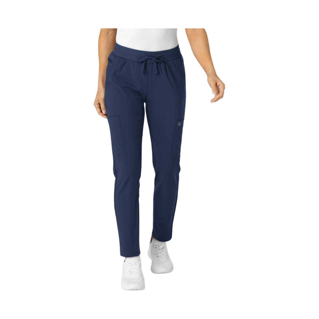 Navy straight-leg scrub pants with drawstring waist and cargo pockets
