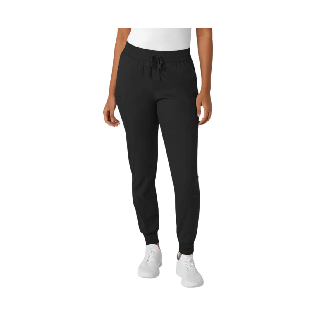 Black drawstring jogger pants with tapered cuffs and a relaxed fit