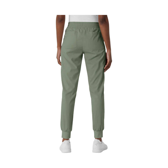 Sage green jogger scrub pants with elastic waistband and cuffed ankles, back view
