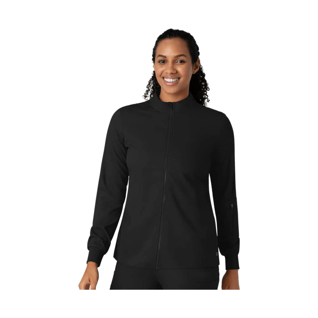 Black zip-up long-sleeve athletic jacket with a stand collar