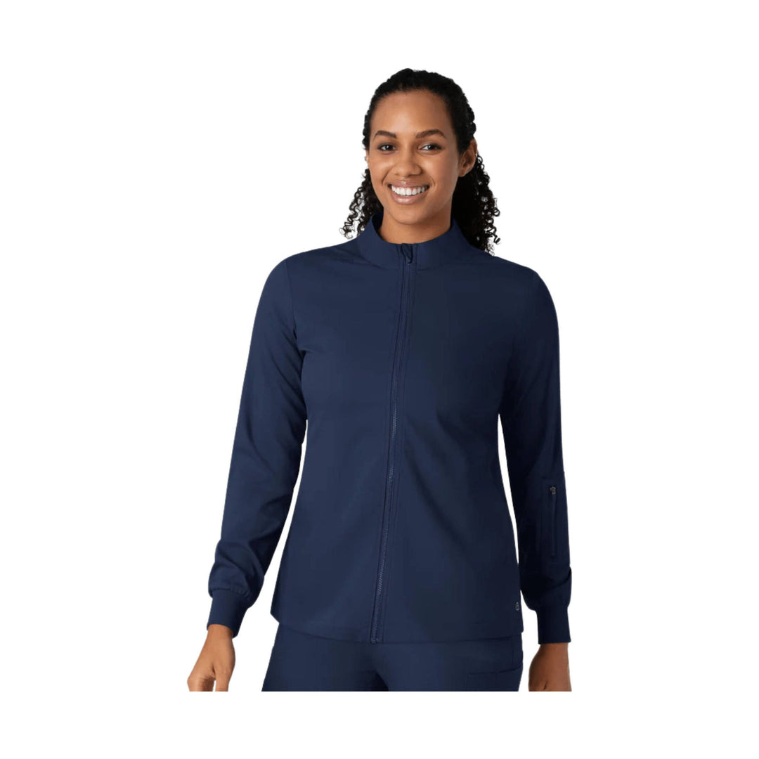 Navy zip-front athletic jacket with long sleeves, high collar, and a zip pocket on the left sleeve