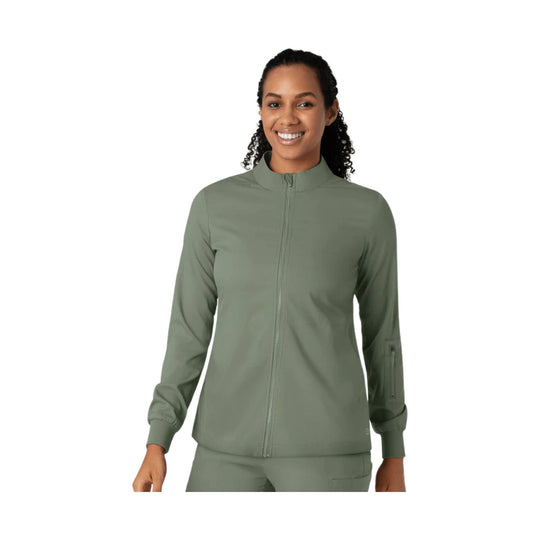 Olive green women’s zip-up scrub jacket with long sleeves and a stand collar, shown front view.