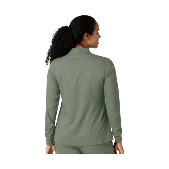 Sage green long-sleeve zip-front athletic jacket shown from the back