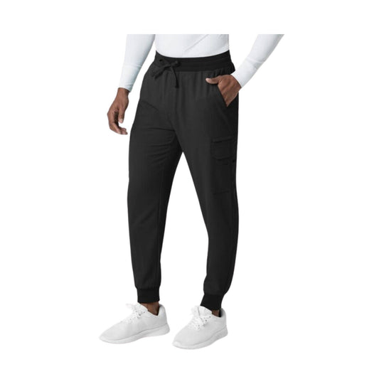 Black jogger pants with an elastic waistband, drawstring, cargo pocket, and ribbed ankle cuffs