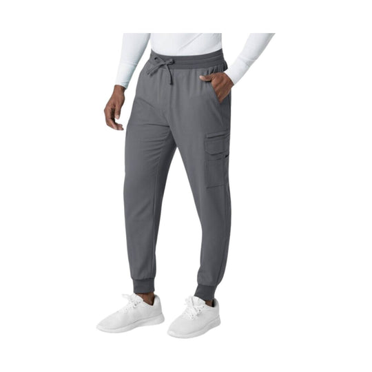 Gray jogger scrub pants with drawstring waist, cargo pocket, and cuffed ankles
