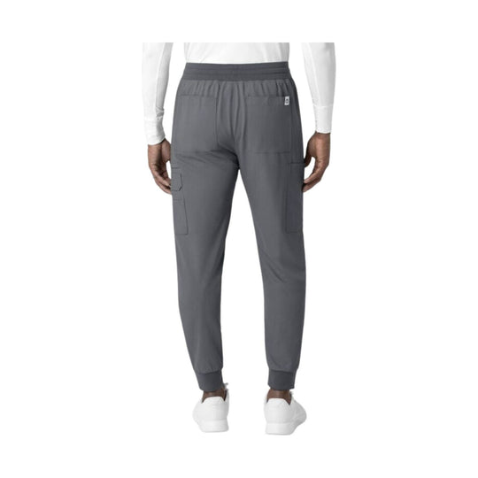 Gray jogger scrub pants with cargo pockets and ribbed ankle cuffs, shown from the back.