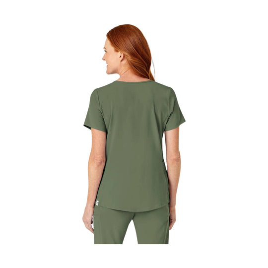 Olive short-sleeve scrub top shown from the back