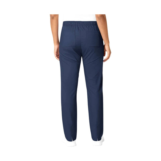 Navy straight-leg scrub pants shown from the back with an elastic waistband and ankle zippers