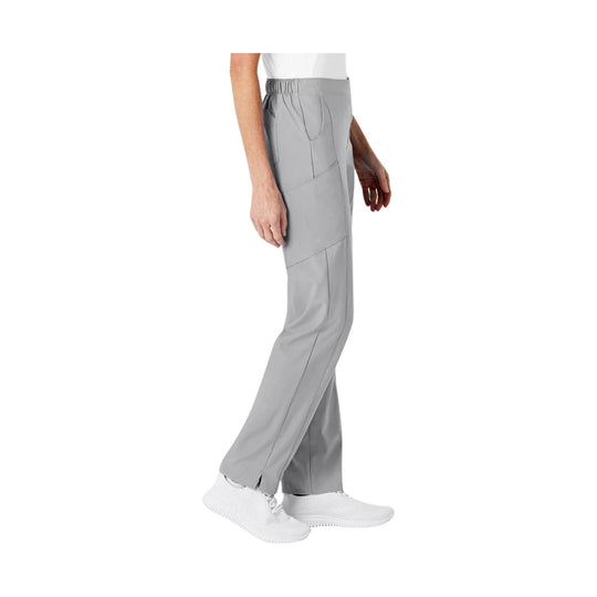 Light gray women’s scrub pants shown in side view with elastic waistband, cargo pocket, and straight leg