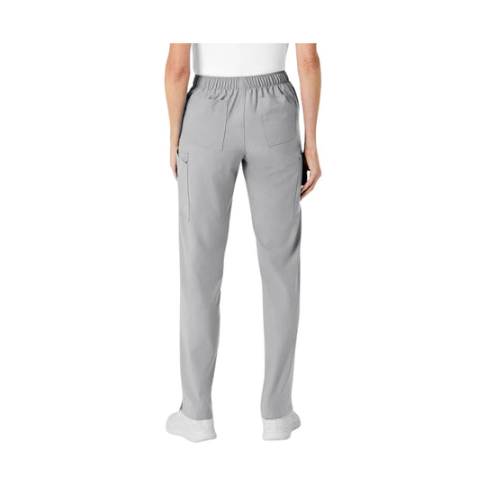 Light gray women’s cargo scrub pants shown from the back with elastic waistband and side pockets