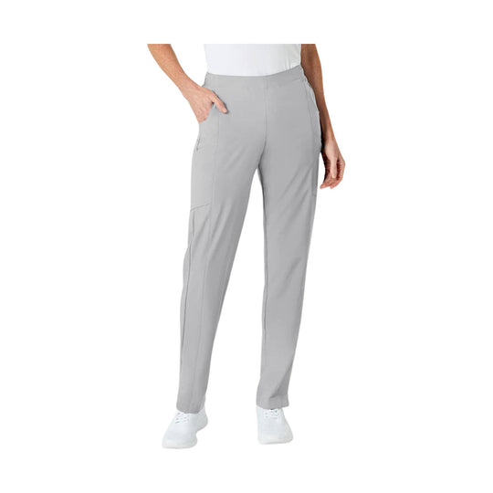 Light gray women's cargo scrub pants with elastic waistband and side pockets