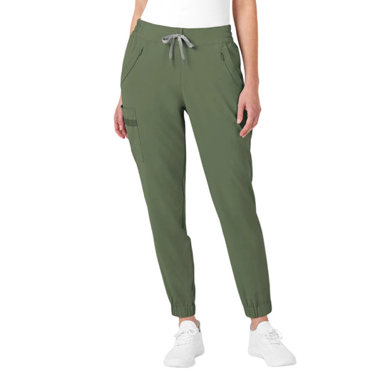 Olive green scrub pants with drawstring waist, slanted front pockets, cargo pocket, and tapered cuffs