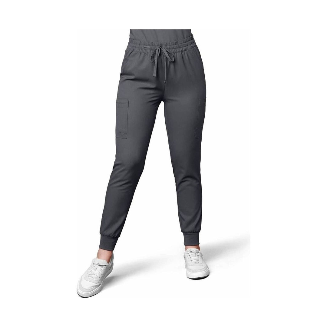 Charcoal jogger scrub pants with drawstring waist, cargo pockets, and tapered cuffs
