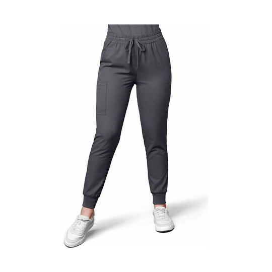 Charcoal jogger scrub pants with drawstring waist, cargo pockets, and tapered cuffs