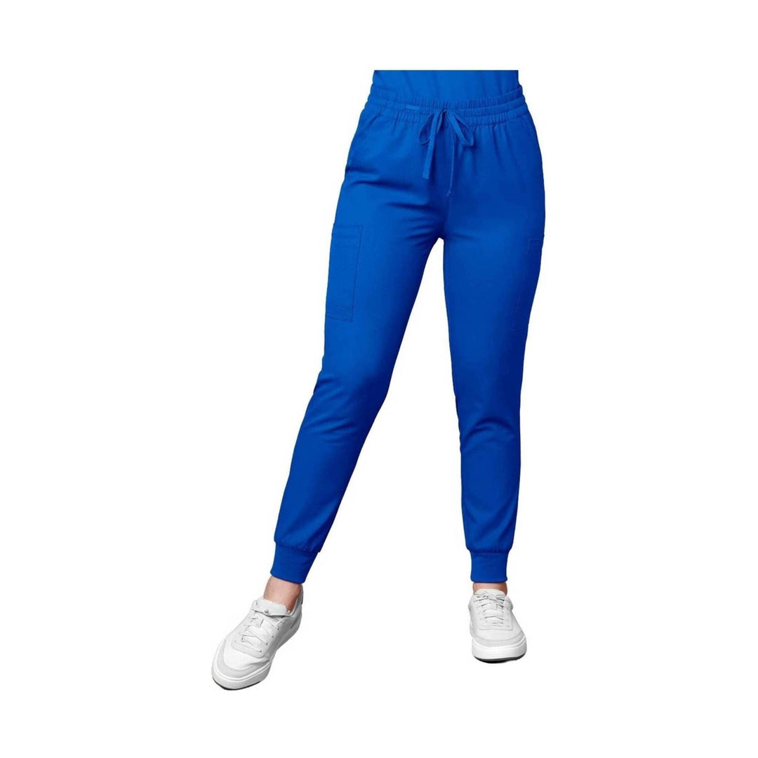 Blue jogger scrub pants with elastic waistband, drawstring, cargo pockets, and cuffed ankles