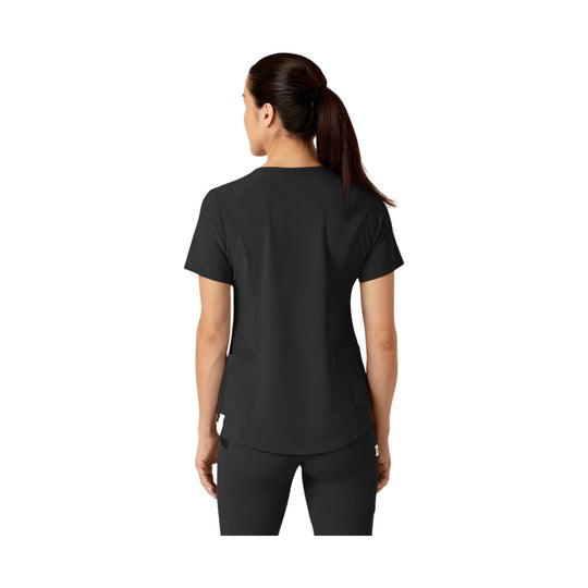 Black short-sleeve scrub top shown from the back with a curved hem and side pockets