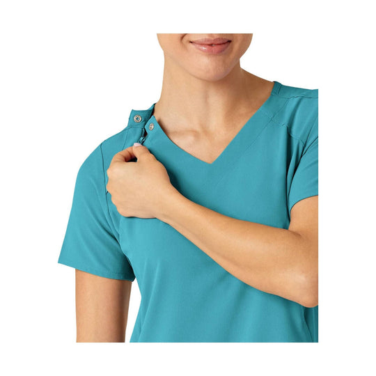 Teal V-neck scrub top with short sleeves and shoulder zipper detail
