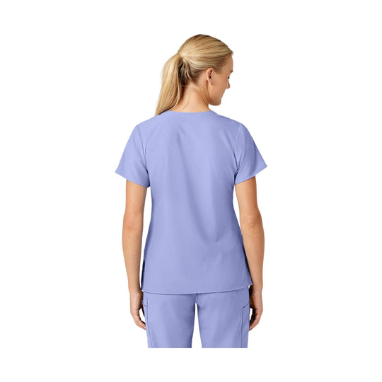 Women's lavender scrub top shown from the back with short sleeves and matching scrub pants