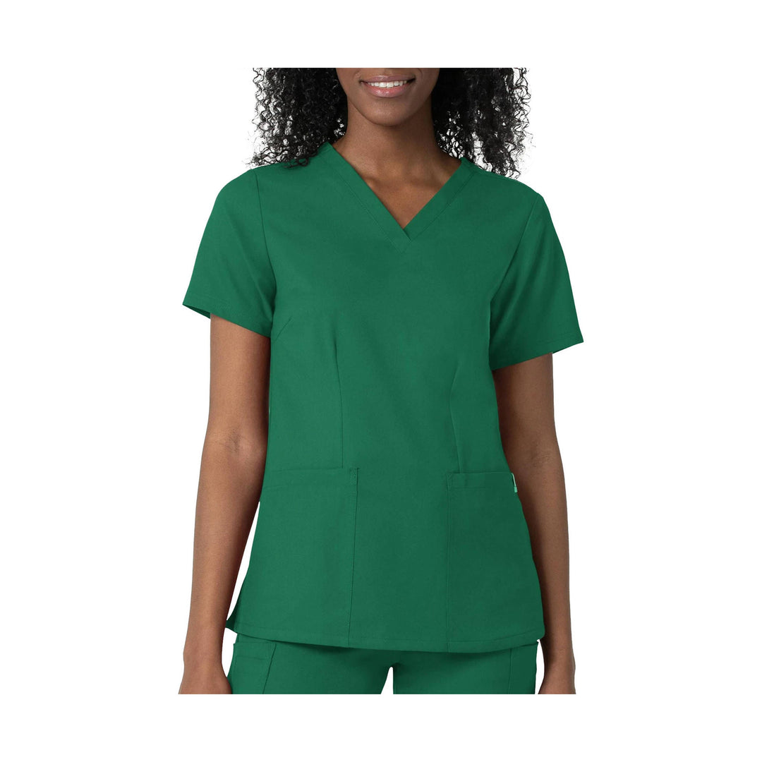 Green V-neck short-sleeve scrub top with three front pockets