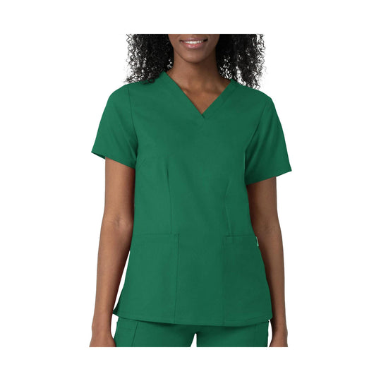 Green V-neck short-sleeve scrub top with three front pockets