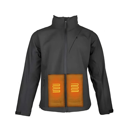 Black zip-up jacket with a stand collar and orange front heating panels