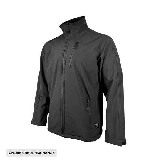 Black zip-up jacket with high collar, chest pocket, side zip pockets, and a visible power button