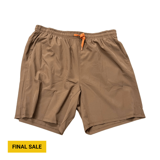 Khaki athletic shorts with an orange drawstring and a FINAL SALE label