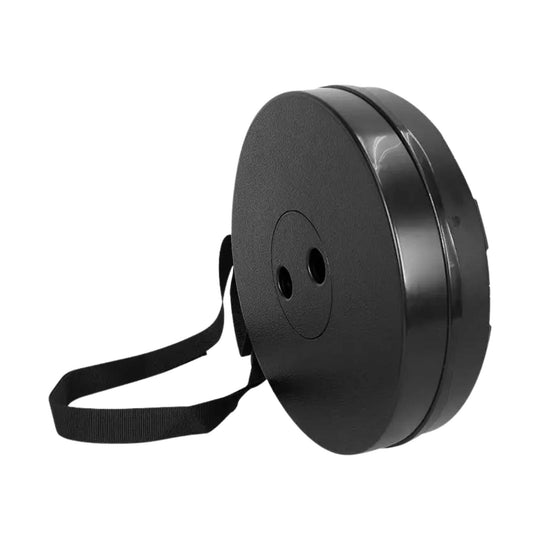 Round black telescoping stool with a carrying strap
