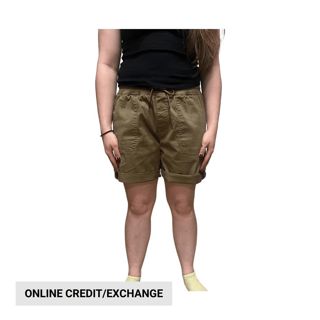 Khaki women’s cargo shorts with rolled hems and front patch pockets