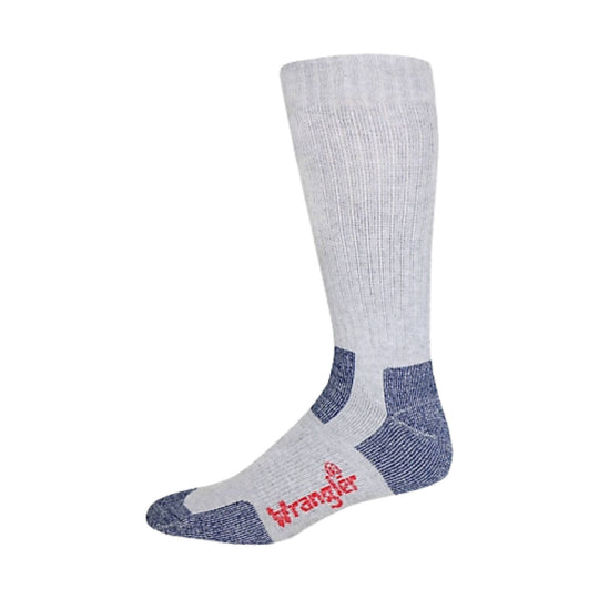 White crew sock with blue heel, toe, and arch panels and a red Wrangler logo