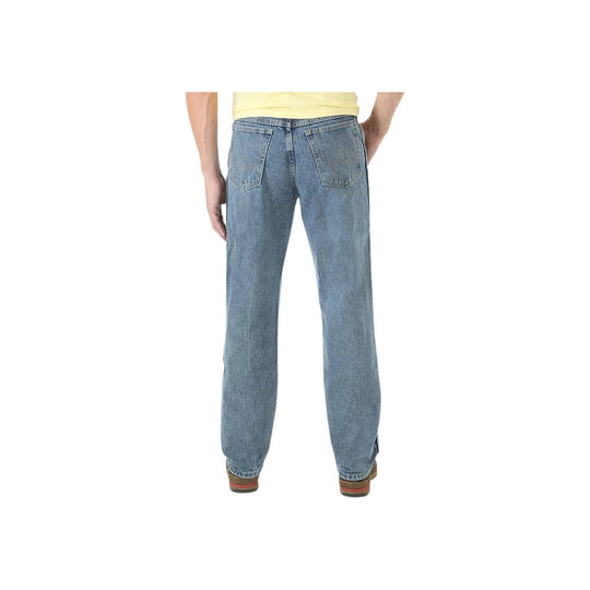 Back view of light blue straight-leg denim jeans with five pockets and cuffed hems
