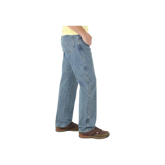 Side view of light-wash straight-leg jeans with five-pocket styling