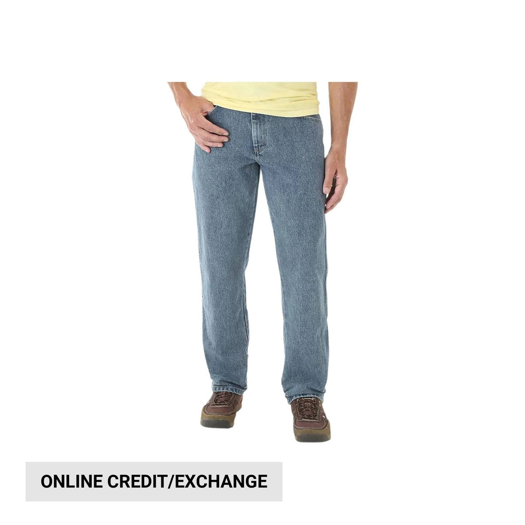 Straight-leg blue jeans on a male model with a light yellow shirt and brown shoes
