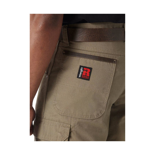 Olive cargo shorts with a large back pocket and visible Wrangler RIGGS label