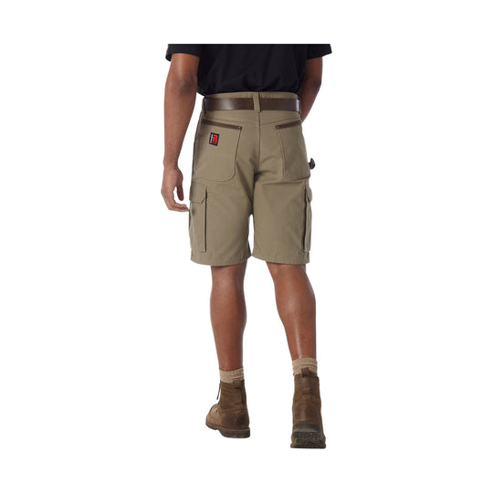Khaki cargo shorts with large back and side pockets, shown from the back
