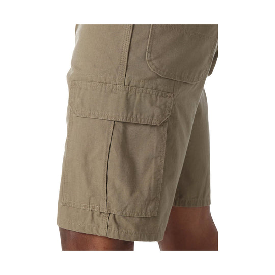 Khaki cargo shorts with side flap pockets on a model
