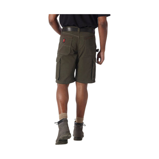 Olive cargo shorts with large back and side pockets, shown from the back on a model