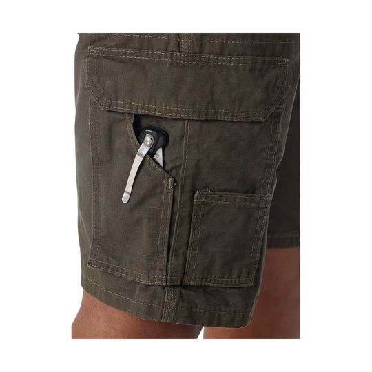 Olive cargo shorts with flap pockets and a side utility pocket