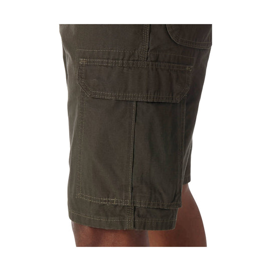 Olive cargo shorts with side flap pocket and topstitching