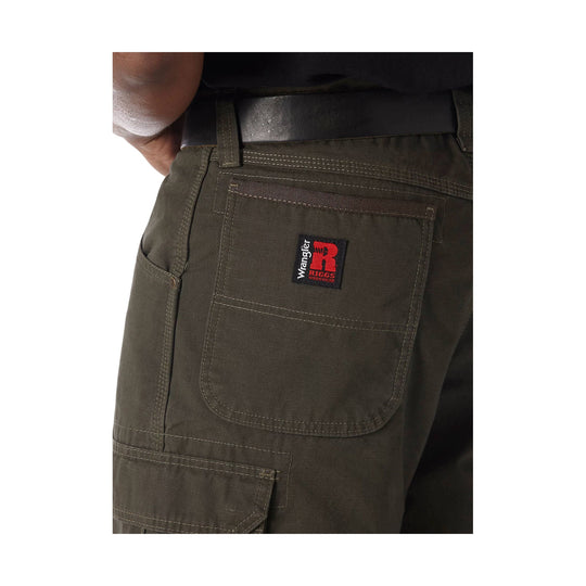 Olive cargo shorts with a large back pocket and side utility pocket
