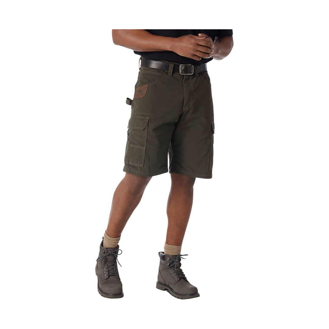 Olive cargo shorts with multiple pockets and a belt