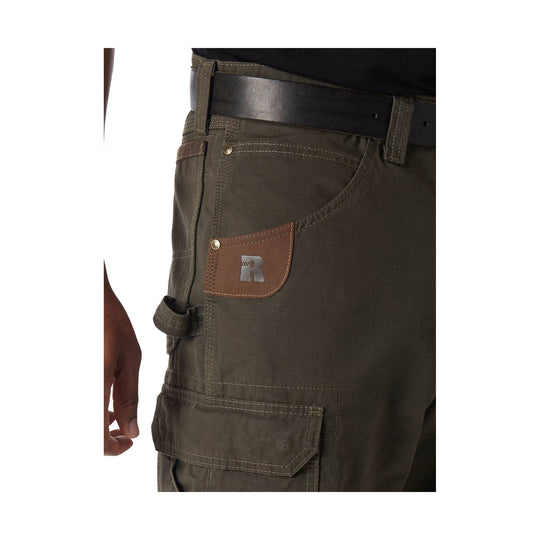 Olive cargo shorts with multiple pockets and an R patch on the thigh