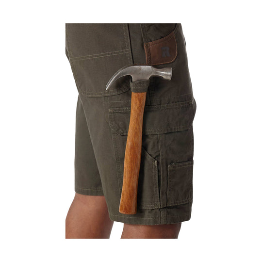Olive cargo shorts with multiple pockets and a hammer clipped to the side